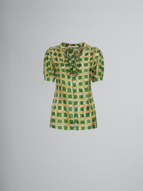 Marni GREEN SILK TWILL TOP WITH CHECK FIELDS PRINT