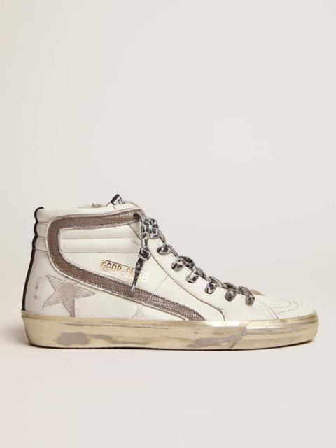 Golden Goose Slide sneakers with white suede star and dove-gray lizard-print leather flash