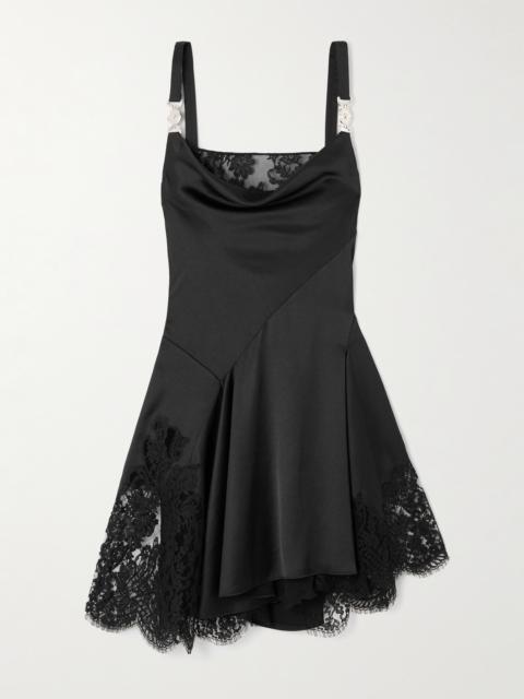 VERSACE Asymmetric Lace-paneled Embellished Draped Satin Dress