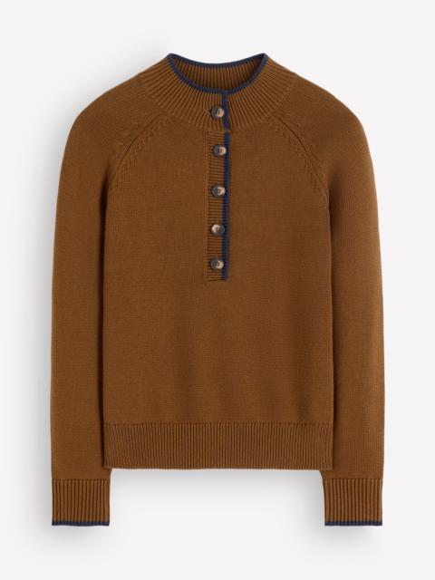 BODEN Lara Cotton Button Neck Jumper-Gingerbread