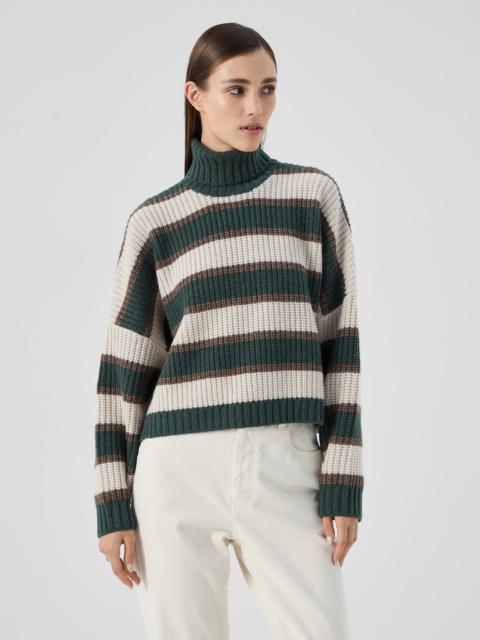 Brunello Cucinelli Cashmere feather yarn turtleneck sweater with dazzling stripes