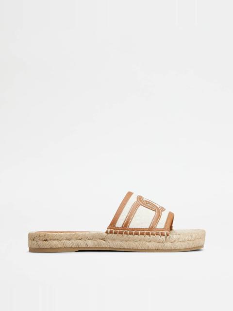 Tod's KATE SANDALS IN CANVAS AND LEATHER - WHITE, BROWN