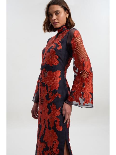 KAREN MILLEN Baroque Organdie Applique And Beaded Bell Sleeve Woven Midi Dress