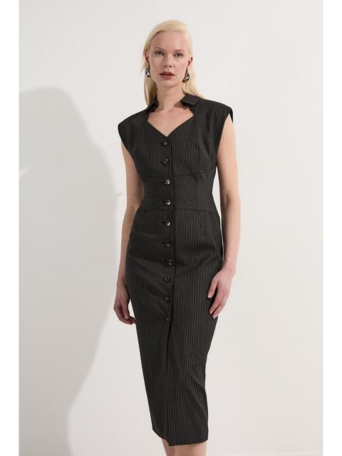 KAREN MILLEN Pinstripe Corseted Tailored Pencil Midi Dress