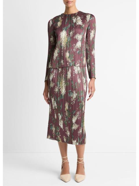 Vince Lilac-Print Micro-Pleated Satin Skirt