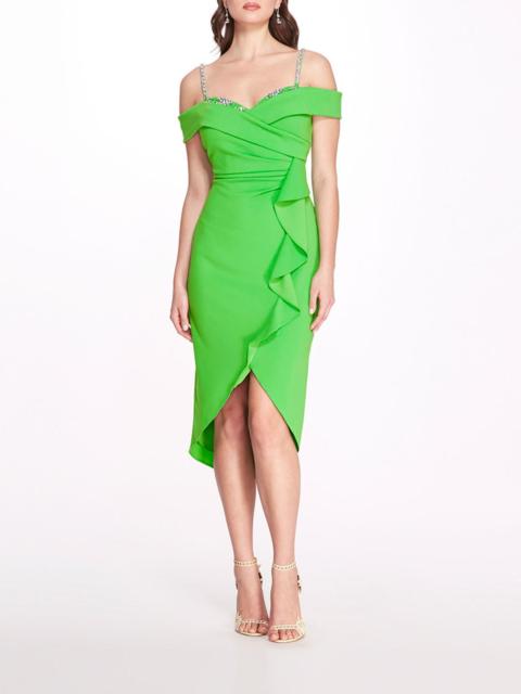 Marchesa OFF SHOULDER DRAPED MIDI DRESS