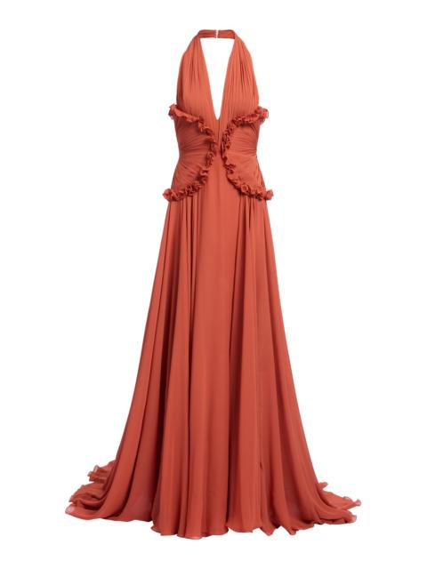 ELIE SAAB Ruffled Silk Georgette Maxi Dress orange