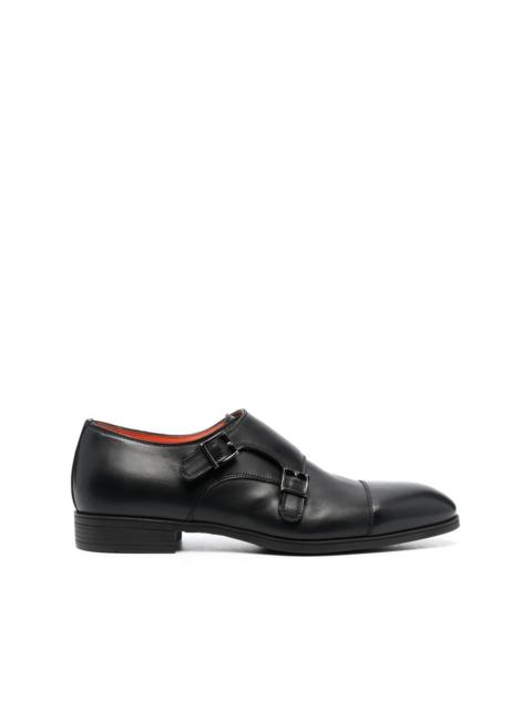 double-buckle leather monk shoes