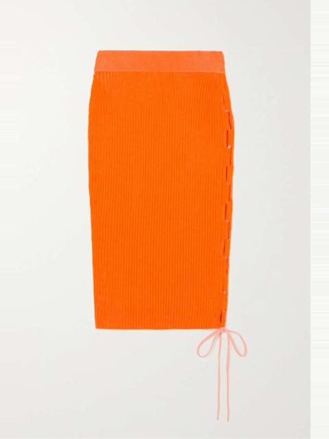Vanise lace-up ribbed-knit midi skirt