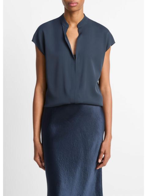 Vince Contrast-Placket Stretch-Silk Cap-Sleeve Blouse
