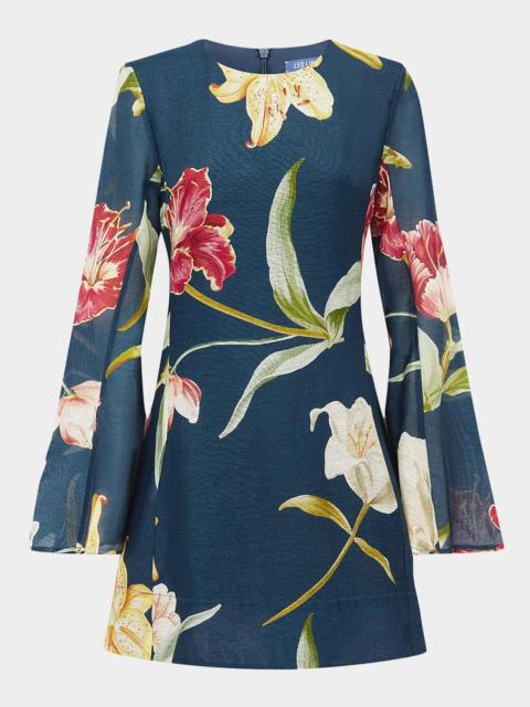 LEO LIN Suzanne Flare-Sleeve Floral Linen Mini Dress