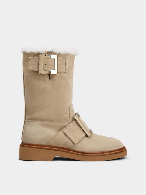 Roger Vivier Viv' Rangers Metal Buckle Shearling Biker Boots in Suede