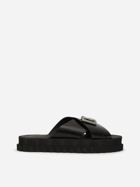 Dolce & Gabbana Crossover-strap sliders in brushed calfskin with maxi-logo