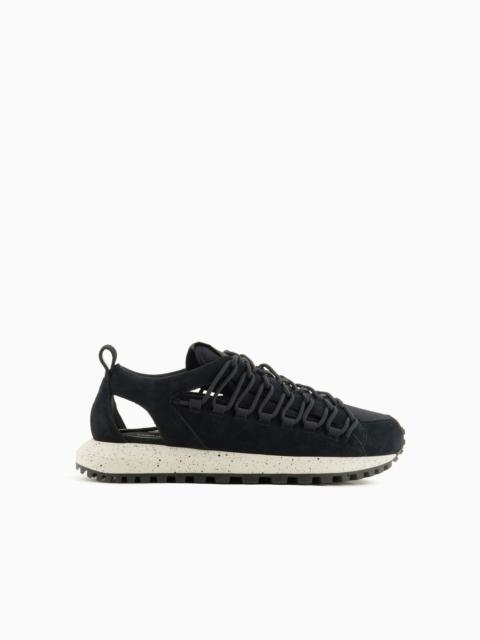 EMPORIO ARMANI Perforated suede and knit sneakers with hiking laces