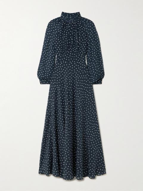 RIXO Paige Belted Polka-dot Silk-chiffon Mock-neck Midi Dress