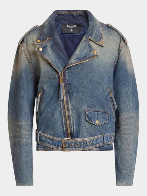 Balmain Men's Belted Denim Biker Jacket