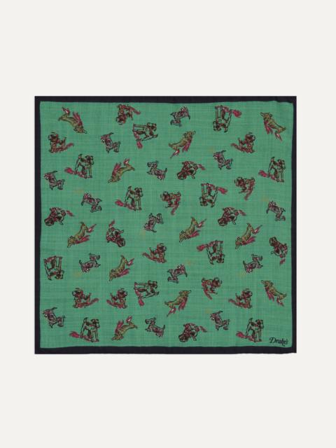 Drake's Green Dogs Print Wool-Silk Pocket Square