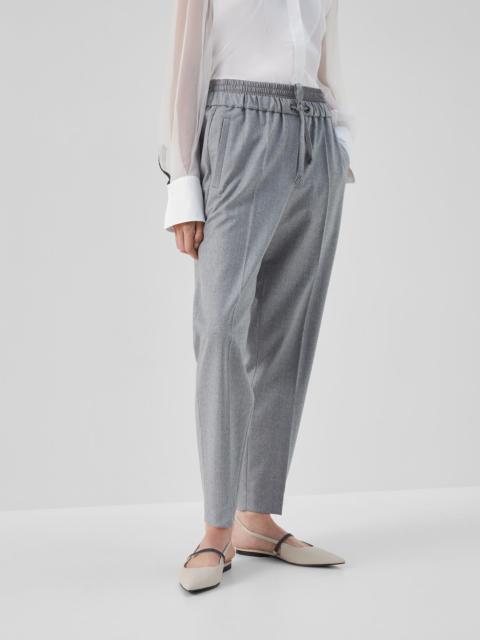 Virgin wool flannel baggy cigarette trousers with satin waistband insert