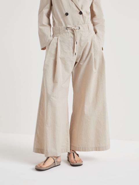 Striped techno cotton wrinkled poplin wide pleated trousers