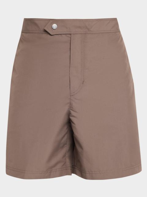 Brunello Cucinelli Men's Tabbed-Waistband Nylon Swim Shorts with Piping
