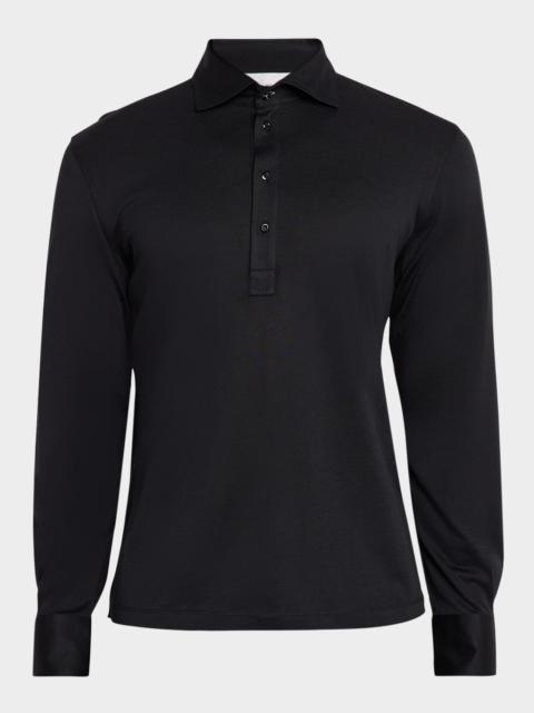 Brunello Cucinelli Men's Cotton-Silk Long-Sleeve Polo Shirt