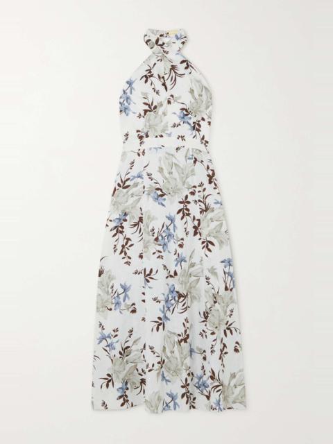 Selene bow-detailed floral-print linen halterneck midi dress
