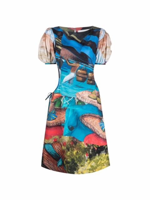 abstract-print puff-sleeve dress