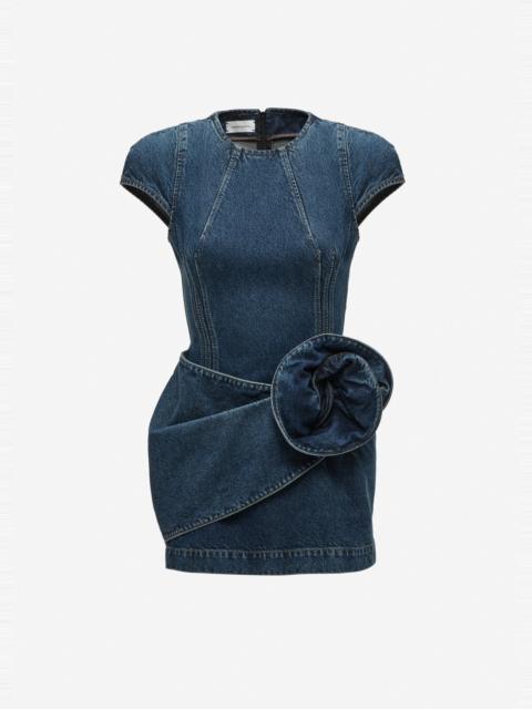 MAGDA BUTRYM Short-sleeve denim mini dress with sculpted flower in blue