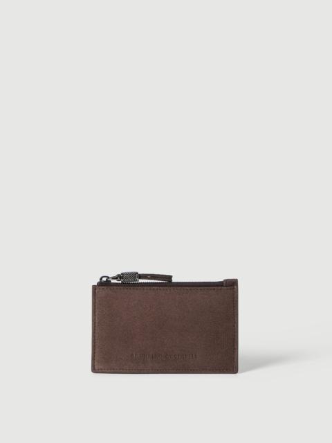 Brunello Cucinelli Suede card case with shiny zipper pull