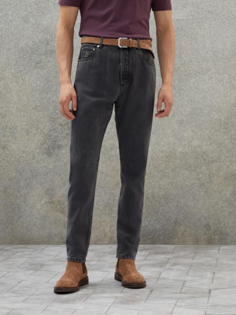 Dark grey denim leisure fit five-pocket trousers