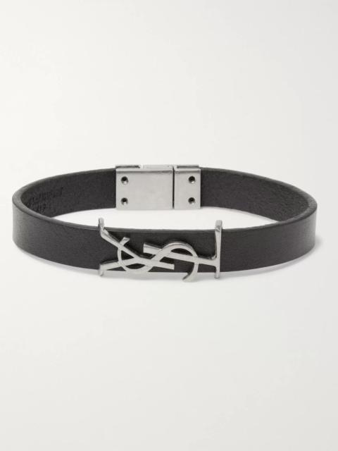 SAINT LAURENT Logo-Detailed Burnished Silver-Tone and Leather Bracelet Black
