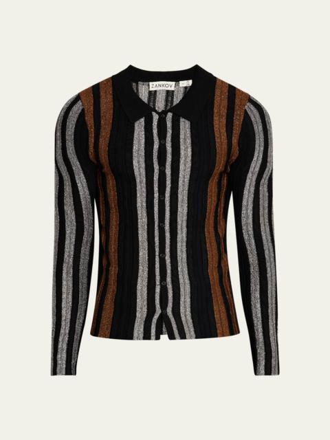 ZANKOV Men's Metallic Stripe Button-Down Sweater