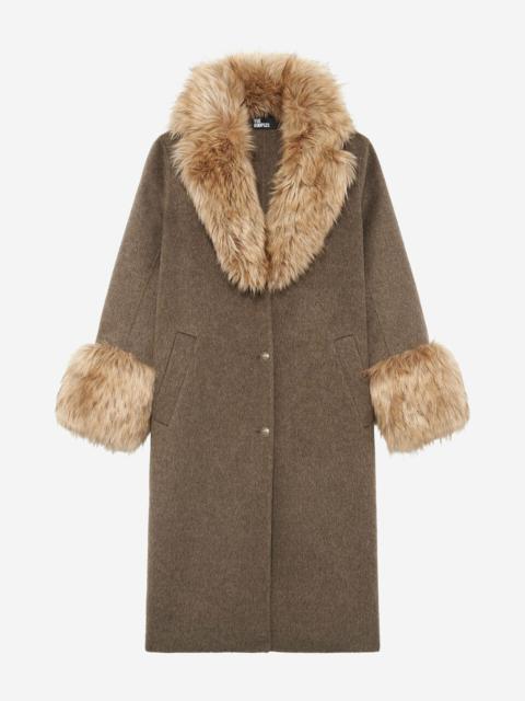 The Kooples LONG COAT IN DOUBLE-FACED WOOL AND BROWN FUR