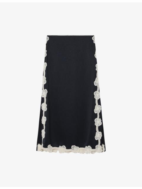 REISS Doa Floral-Lace Satin Midi Skirt