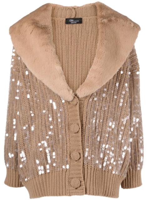 faux-fur tirm sequin cardigan