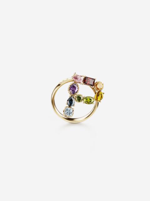 Rainbow alphabet P ring in yellow gold with multicolor fine gems