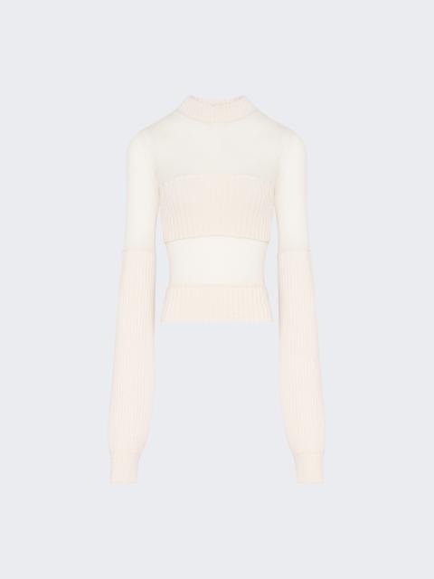 Jean Paul Gaultier Ribbed Wool And Mesh Long Sleeve Sweater Ecru