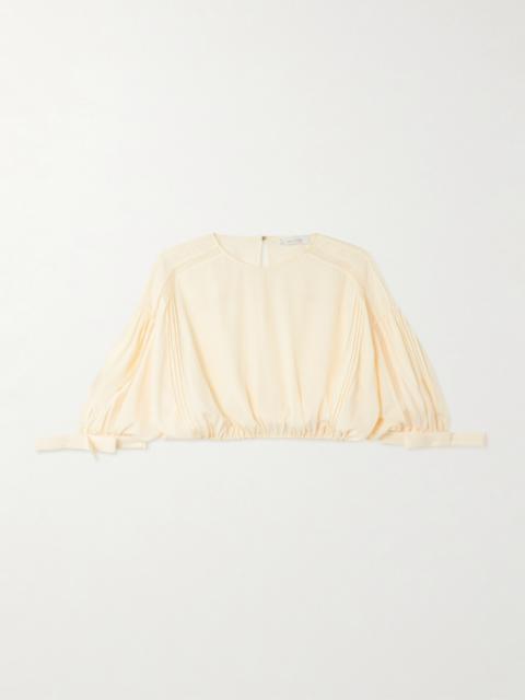 rabanne Cropped Bow-detailed Lace-trimmed Pleated Crepe Top