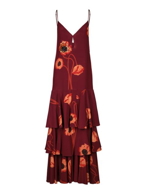 Johanna Ortiz Enigmatic Legacy Tiered Silk Maxi Dress burgundy | REVERSIBLE