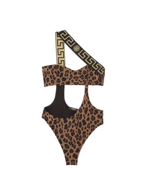 Greca-trim leopard print swimsuit