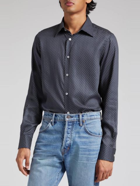 Polka Dot Slim Fit Button-Up Shirt in Jeans/White