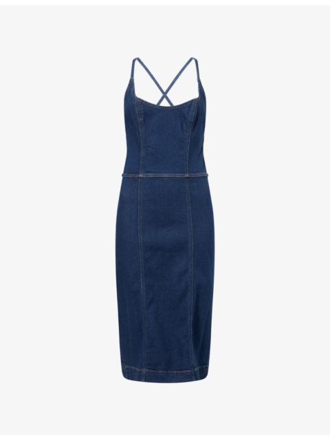 Reformation Crosley Criss-Cross-Shoulder-Straps Stretch-Denim Blend Midi Dress
