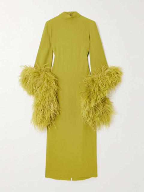 Del Rio turtleneck feather-trimmed crepe maxi dress