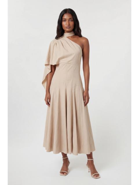 KAREN MILLEN Premium Tailored Linen High Neck One Shoulder Full Midi Dress