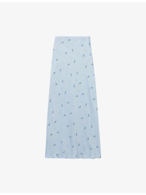 Claudie Pierlot Floral-Embroidered High-Rise Satin Maxi Skirt