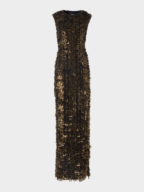 AKRIS Metallic Organza Tiles Sleeveless Column Gown