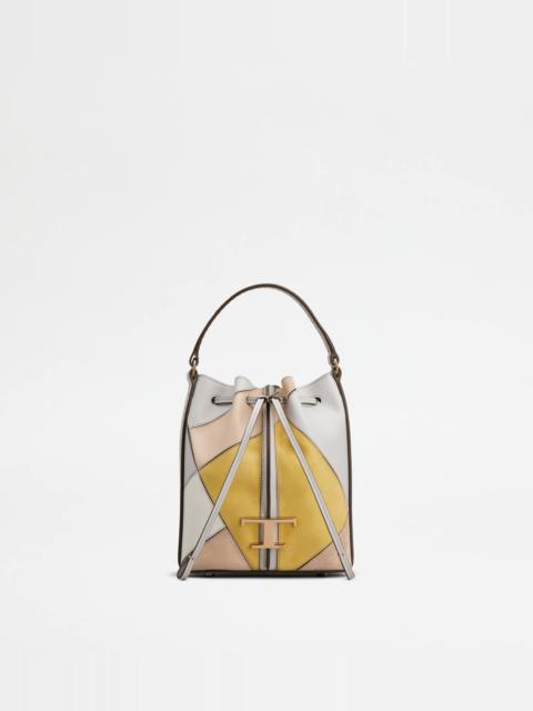 Tod's T TIMELESS BUCKET BAG IN LEATHER MICRO - GREY, YELLOW, PINK