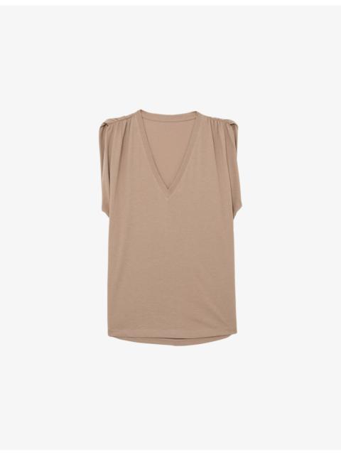 REISS Renee V-Neck Gathered-Detail Cotton T-Shirt