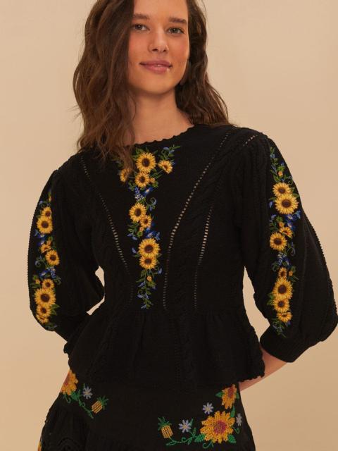 FARM RIO Black Floral Embroidery Knit Top