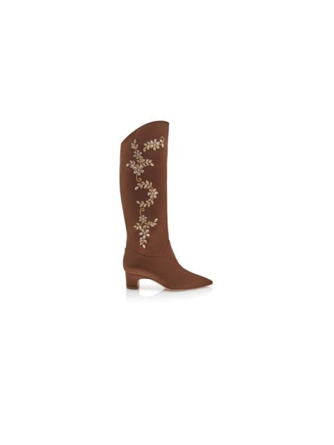 Manolo Blahnik Brown Satin Embroidered Knee High Boots